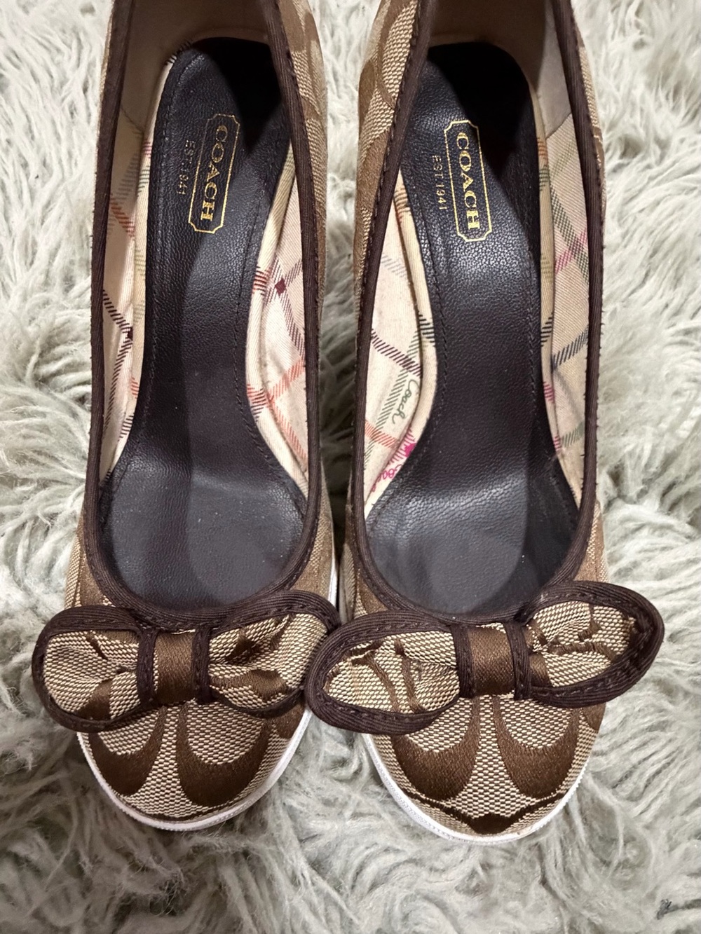 COACH Brown Signature Bow Canvas Ballet Flats